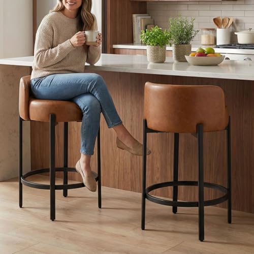 LukeAlon Modern PU Leather Counter Height Stools Set of 2, Upholstered 26" Seat Height Barstools with Black Metal Legs Round Low Back Kitchen Stools with Footrest for Dining Room Small Places, Brown by LukeAlon