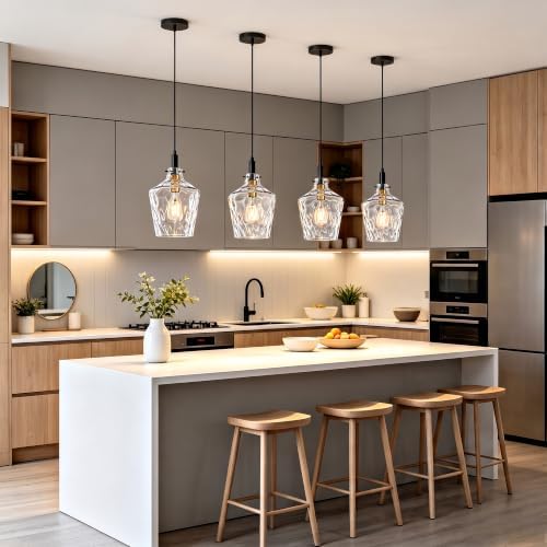 Hammered Glass Pendant Light for Kitchen Island 2 Pack Black Gold 8 Inch - Image 2