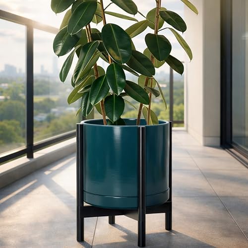 D'vine Dev Ceramic Pot with Ebony Wood Stand, Teal, 14 in, 55-B-S-4 - Image 2