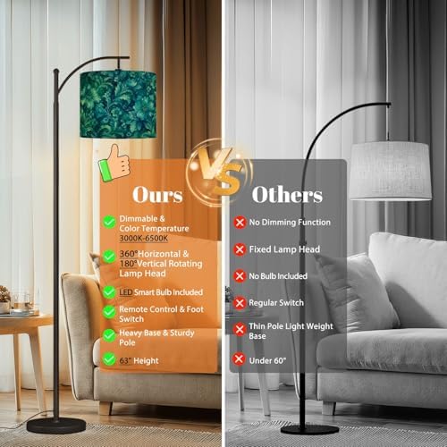 Arc Floor Lamp Teal Blue Floral Paisley Watercolor Dimmable Modern Standing Lamp with Remote Adjustable Drum Shade Footswitch Tall Pole Lamp for Living Room Bedroom - Image 7