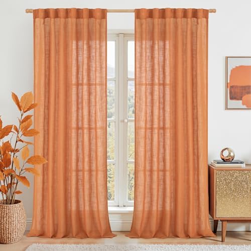 LAMIT Burnt Orange Sheer Linen Curtains 84 Inch Length for Bedroom by LAMIT