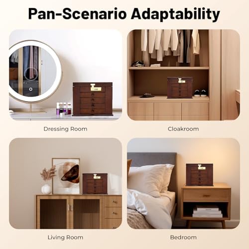 Wooden Jewelry Box, 5 Layers with 4 Drawers Large Locking Jewelry Organizer, Watches Necklace Ring Storage Box for Women (Dark Brown) - Image 7