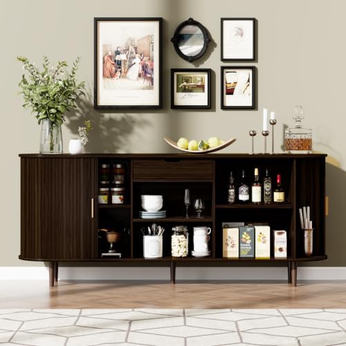 71" Sideboard Buffet Cabinet with Storage,Large Credenza with Sliding Doors and 1 Drawer,Mid Century Modern Coffee Bar Cabinet with Adjustable Shelves for Dining Room,Kitchen,Living Room (Dark Walnut) - Image 3