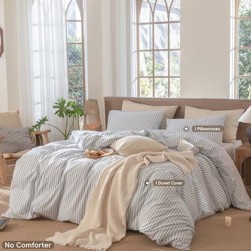 MooMee Striped Duvet Cover Set 100% Washed Cotton Linen Like Twin - Image 2
