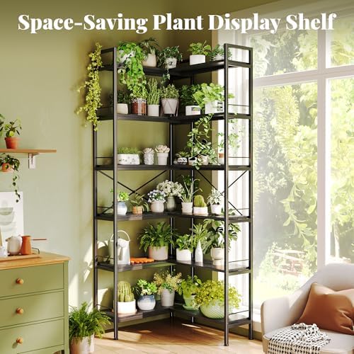 Huuger 6 Tier Bookshelf, L Shaped Corner Bookshelf with Open Shelves, 49.4 Inch Straight Wide Bookcase with Metal Frame and Wooden Board, Adjustable Feet, Black - Image 7