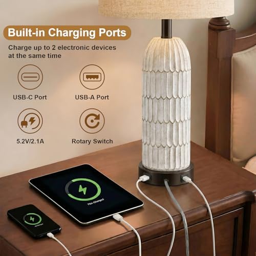 OYEARS 26.5" Bedside Table Lamps Set of 2, Farmhouse Table Lamp with USB A+C Charging Ports,Vintage Nightstand Lamp for Bedrooms and Living Rooms, Retro Resin End Table Lamp with Linen Shade,Black - Image 2