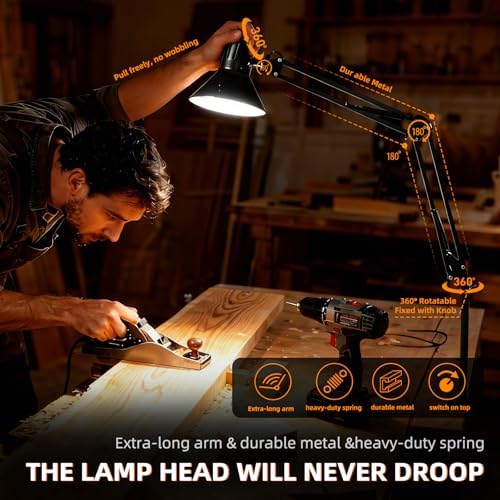 Black Desk Lamp with Clamp, Extra-Tall Adjustable Metal Swing Arm, 2 Pack - Image 4