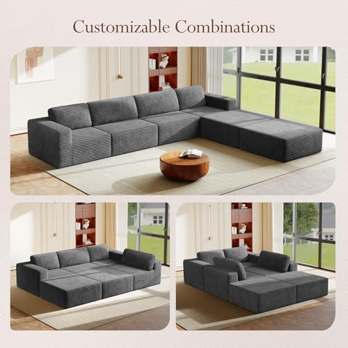 Vesgantti 159" Large Modular Sectional Sofa, U-Shaped Corduroy Cloud Couch with Deep Seats & Spring Support, 4-Seater Boneless Sofa with 2 Movable Ottomans, No Assembly Needed, Grey - Image 4