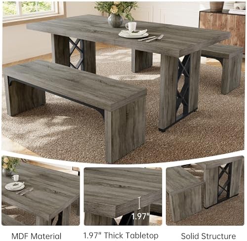 HIPIHOM 3-Piece Dining Table Set for 6 People, Grey Table with 2 Benches - Image 5