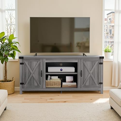 YESHOMY Modern Farmhouse TV Stand with Barn Doors for 65 Inch TV,Light Grey - Image 3