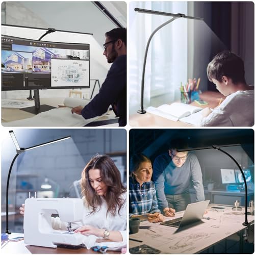 ShineTech LED Desk Lamp for Home Office, 5000K Bright Double Head Architect Task Lamps with Clamp, Dimmable Adjustable Flexible, Black - Image 5