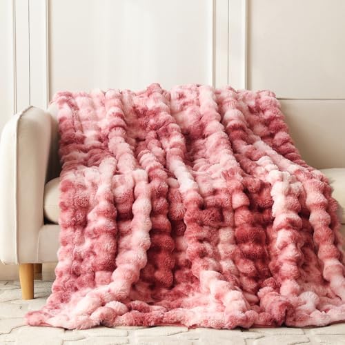 COOVA Soft Bubble Faux Fur Throw Blanket, 50"x60", Tie-dye Magenta - Image 2