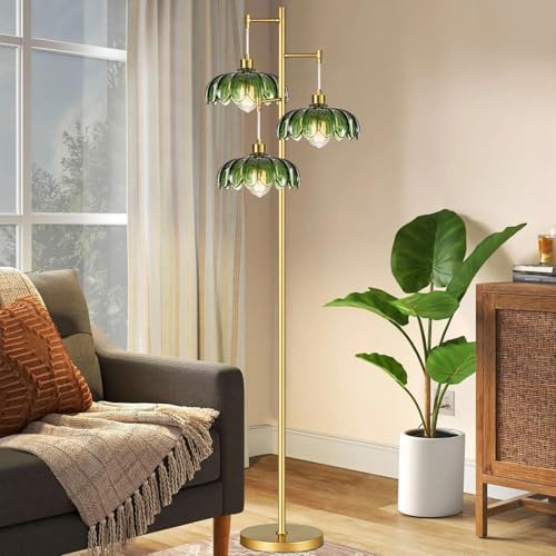 QIYIZM Glass Floor Lamp for Living Room,Bedroom,Mid Century Modern Standing Lamp Brass Tree 3 Light Tall Floor Lamps Vintage Retro Floor Lights Gold Green Flower Lamp Shade Farmhouse Boho Bohemian - Image 7