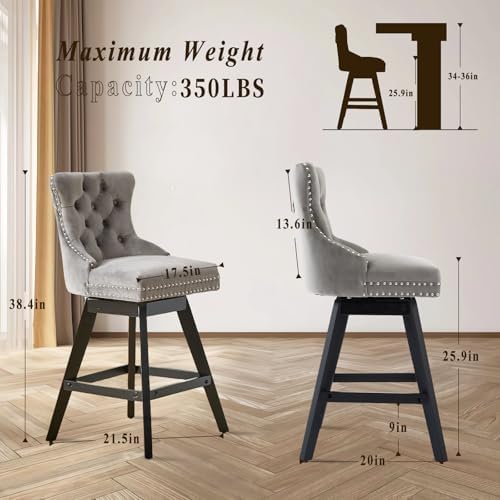 SoarFlash Kitchen Swivel Bar Stools with Solid Wood Legs Upholstered Counter Stools Set of 6, Grey - Image 2