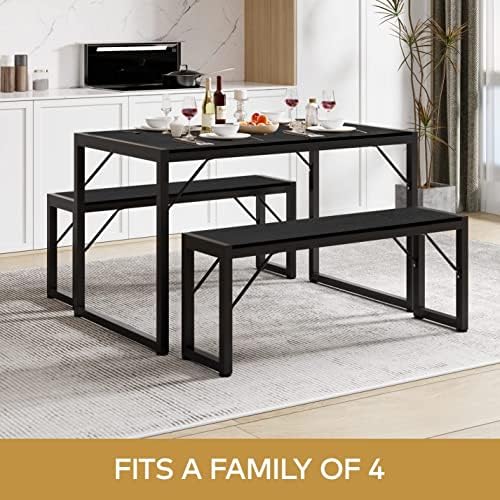 Gizoon 45.5" Dining Table Set for 4, Kitchen Table with 2 Benches Black - Image 2
