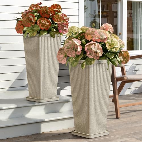 Square Tall Planters for Outdoor Plants with Tray - 24" Beige 2Pack by Outdoorchairs