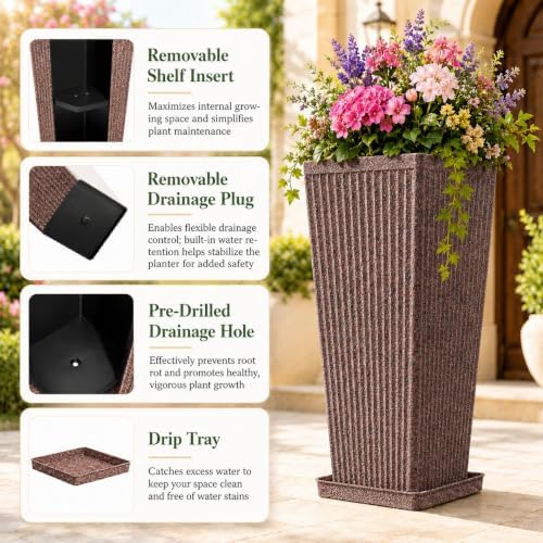 NicBex 24" Tall Planters for Outdoor Plants Set of 2 Square Fluted,Brown - Image 3