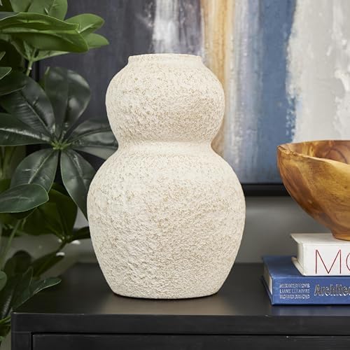 Deco 79 Ceramic Decorative Vase Hourglass Textured Centerpiece Vase with Brown Distressing, Flower Vase for Home Decoration 8" x 8" x 12", Cream - Image 3