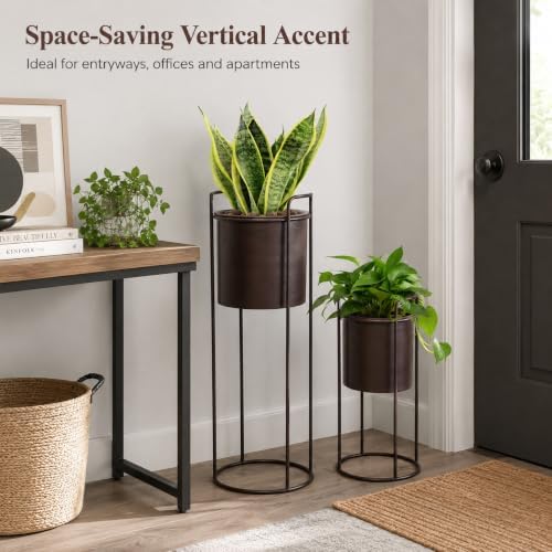 TRIROCKS Set of 2 Tall Metal Planters with Stands Metal Planter for Indoor Plants 28 &18" H Plant Pots for Living Room Corner Kitchen Office Garden Balcony Patio Decor(Brown) - Image 5