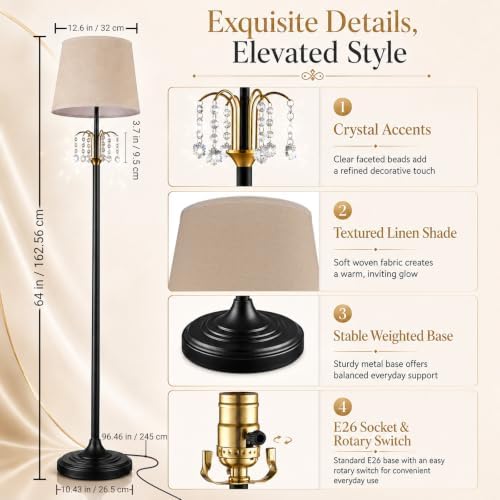 Hamilyeah Crystal Floor Lamp for Living Room, 64 Inch Tall Black and Gold Vintage Standing Lamp with Beige Linen Shade for Bedroom, Reading Nook, Office - Image 2