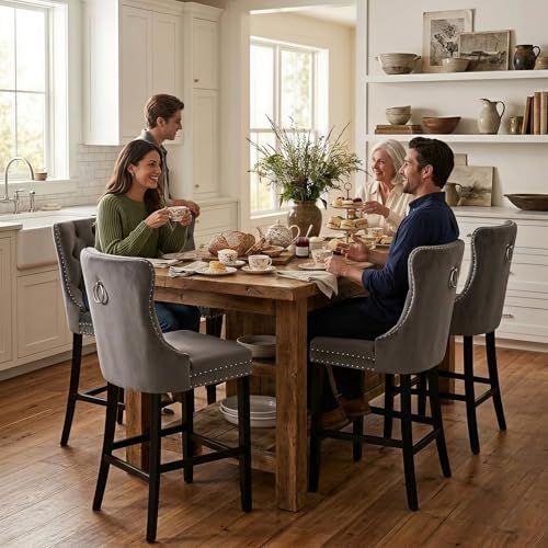 SoarFlash Modern Velvet Upholstered Bar Stools Set of 6 with Wood Legs, Button Tufted,Chrome Nailhead, Counterstool Seat, Armless Bar Chairs (Gray) - Image 3