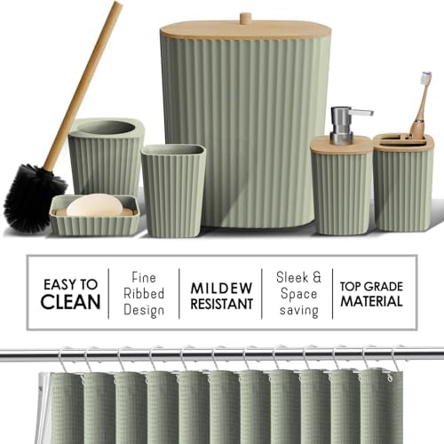 Clara Clark Bathroom Accessories Set - Bathroom Set, Bathroom Accessory Set, Shower Curtain Set, Toilet Brush, Trash Can & Soap Dispenser - Sage Green - 20PC - Image 5