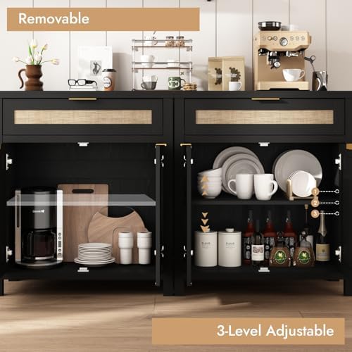 HOKYHOKY 60" Rattan Sideboard Buffet Cabinet, Boho Storage Cabinet, 2PCS - Image 3