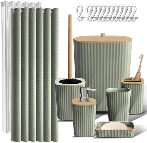 Clara Clark Bathroom Accessories Set - Bathroom Set, Bathroom Accessory Set, Shower Curtain Set, Toilet Brush, Trash Can & Soap Dispenser - Sage Green - 20PC by ClaraClark