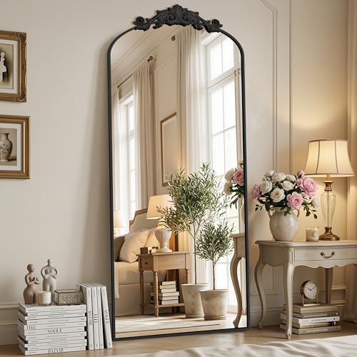 Vintage Full Length Mirror,71"x28" Arched Antique Floor Mirror with Carved Metal Frame,Large Standing Wall Mounted or Leaning Mirror for Bedroom Living Room Entryway,Black by Furnbar