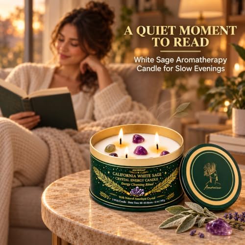 White Sage Candle for Cleansing with Crystals, 12 oz 3-Wick Jar Candle - Image 4