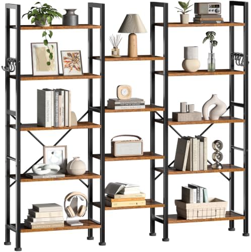 Furologee Triple 5 Tier Bookshelf, Industrial Book Shelf Book Case, Wide Bookcase with 14 Display Shelves for Living Room, Home Office, Rustic Brown by Furologee