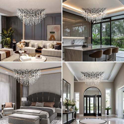 YUYI 47" Black Crystal Chandelier, 14-Light Tree Branch Chandelier, Modern Round Chandeliers for Dining Room, Living Room, Foyer, Entryway, Kitchen, Bedroom, Luxury K9 Crystal Raindrop Fixture - Image 2