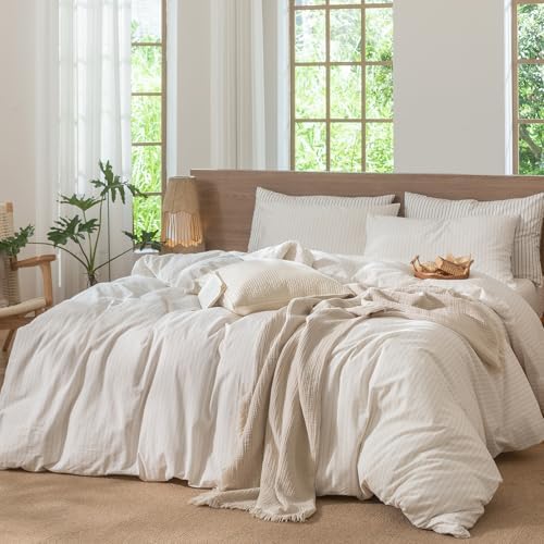 MooMee Striped Duvet Cover Set 100% Washed Cotton Linen Like Queen - Image 5