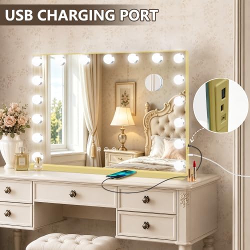 Ratsamee Gold Hollywood Vanity Mirror with Lights, 17 Dimmable Bulbs, 3 Color Lights,Make Up Lighted Mirror, Aluminum Metal Frame, USB Charging Port（26" x 20"） - Image 5
