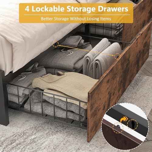 Lifezone Queen Bed Frame with 2-Tier Storage Headboard, Metal Platform Bed Frame with 4 Storage Drawers, Built in Charging Station & LED, Noise-Free/Metal Support/No Box Spring Needed, Vintage Brown - Image 6