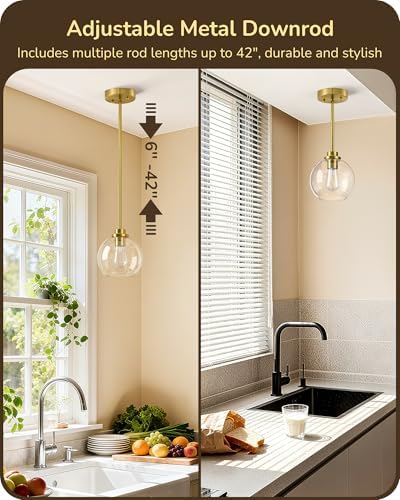 EDISHINE Pendant Light 1-Pack Kitchen Dining Clear Glass Globe Gold - Image 3