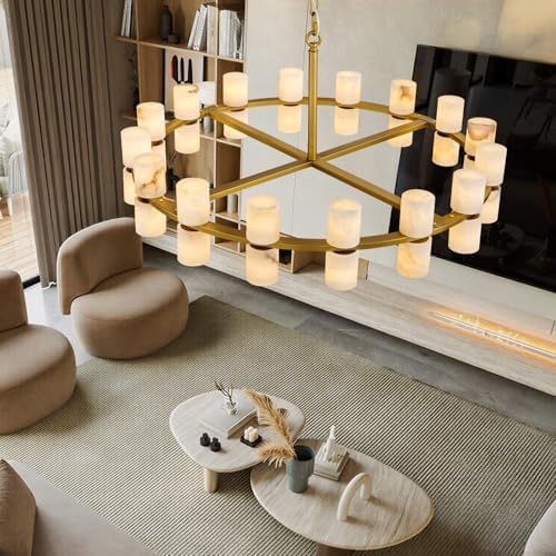 Alabaster Round Chandelier, Natural Spanish Stone Texture Chandeliers, D31in Round Chandeliers for Dining Room Chandelier Light Fixture for Kitchen Living Room Foyer Entryway Hallway (Brass) - Image 6