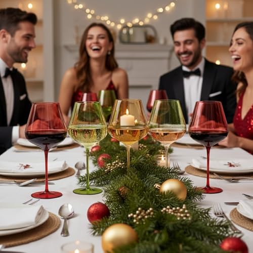 Khen Festive & Holiday Colored Wine Glasses Set of 5 In Luxurious Gift Box – 20oz Stemmed Goblets, Thanksgiving Dinner, Entertaining – Wedding Red, Green & Gold Glassware for Party Celebrations - Image 6