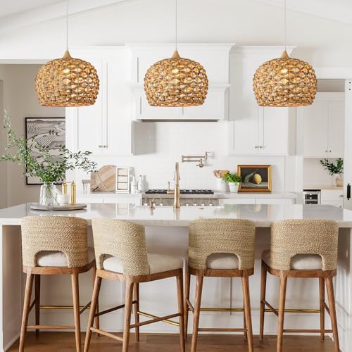 Boho Pendant Lights, 15.7" 1-Light Rattan Chandelier Hand-Woven Wicker Pendant Light with Water Hyacinth Shade, Coastal Dome Hanging Light for Dining Room Kitchen Island - Image 5