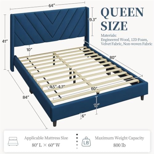 Yaheetech Queen Bed Frame with Chevron Channel-Tufted Headboard, Blue - Image 2