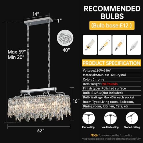 32" 10 Light Oval Chrome Crystal Chandeliers for Dining Room - Image 5