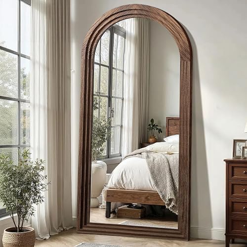 Delma Arched Full Length Mirror with Stand, 75x35 Brown Wood Floor Mirror by Delma