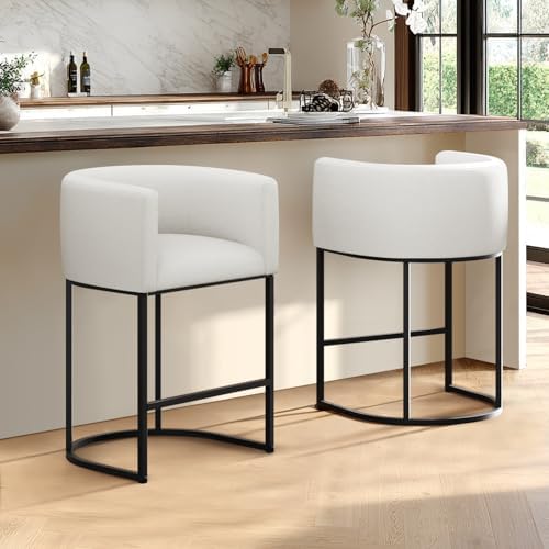 Counter Height Bar Stools, 24 Inch Seat Height Barstools for Dining Room, Fabric Upholstered Bar Chair for Kitchen Island, Linen Counter Stools with Metal Legs, White - Image 2