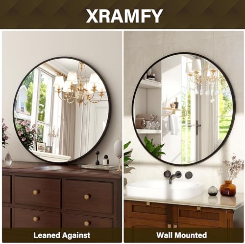 XRAMFY 20 Inch Round Mirror - Circle Mirrors for Bathroom, Entryway and Living Room Wall Decor, Modern Hanging Vanity Mirror, Matte Black Circle Decorative Wall Mirror - Image 6