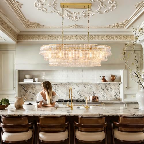 39in Large Chandelier Gold, Modern Dining Room Light Fixtures, 3 Layer Luxury Glass Chandelier 6 Light Rectangular Chandeliers for Dining Room Kitchen Island Living Room (Clear Glass) - Image 4