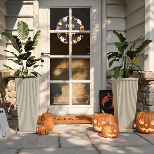 Square Tall Planters for Outdoor Plants with Tray - 24" Beige 2Pack - Image 5