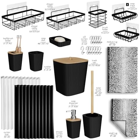 Clara Clark Bathroom Accessories Set - 27PC Bathroom Set with Adhesive Corner Shower Caddy Hanging, Bathroom Sets with Shower Curtain and Rugs, Ombre Black Shower Curtain Set with Bathroom Trash Can - Image 3