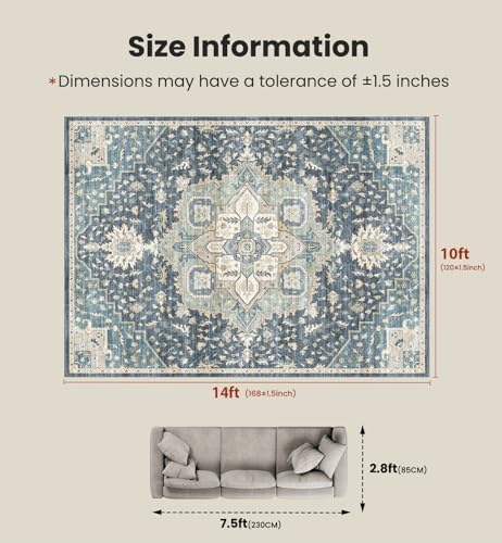 Amada Large 10x14 Washable Area Rug for Living Room, Blue/Yellow, Vintage - Image 2