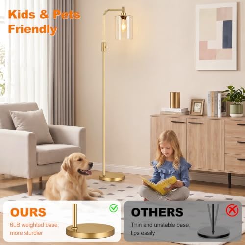 【Upgraded】 Dimmable Floor Lamp for Living Room with Seeded Glass Lampshade, Gold Modern Glass Floor Lamp with 900LM LED Bulb Included, Arc Standing Tall Lamp for Bedroom, Office, Reading Room, Corner - Image 6