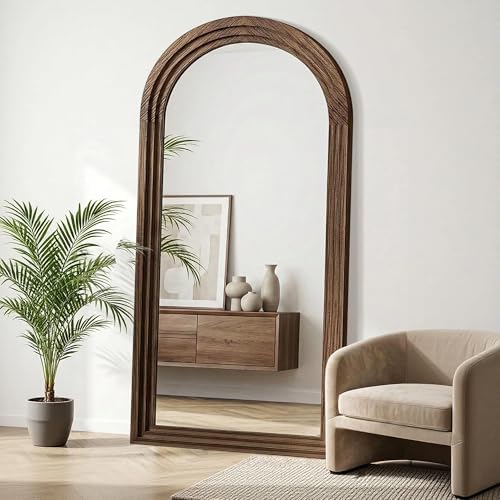 Delma Arched Full Length Mirror with Stand, 75x35 Brown Wood Floor Mirror - Image 5